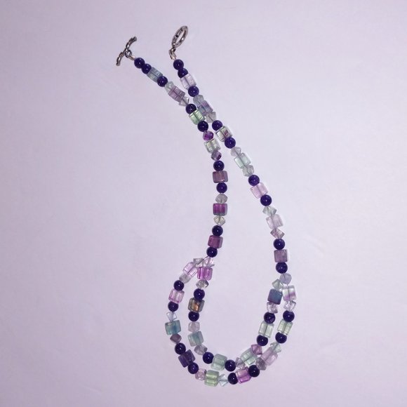 Handmade Beaded Statement Necklace with Fluorite and Amethyst Beads Purple Green - Picture 2 of 12